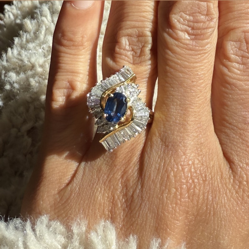 Oval Cut Blue Sapphire & Diamond Marquise Halo Ring