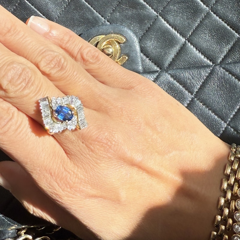 Oval Cut Blue Sapphire & Diamond Marquise Halo Ring