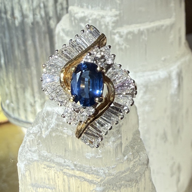 Oval Cut Blue Sapphire & Diamond Marquise Halo Ring