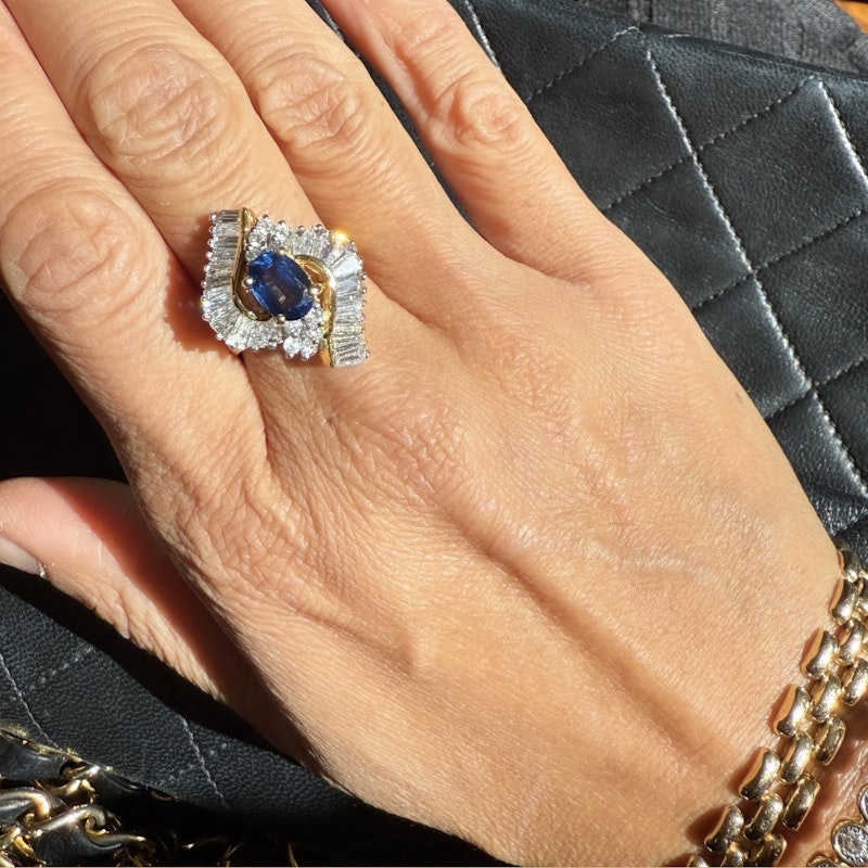 Oval Cut Blue Sapphire & Diamond Marquise Halo Ring