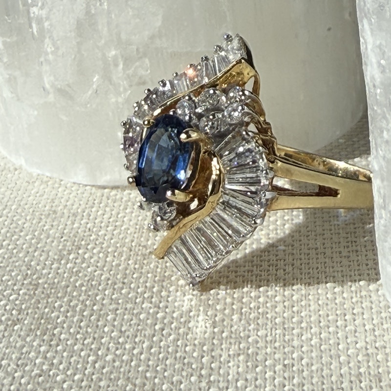Oval Cut Blue Sapphire & Diamond Marquise Halo Ring