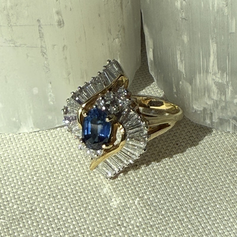 Oval Cut Blue Sapphire & Diamond Marquise Halo Ring