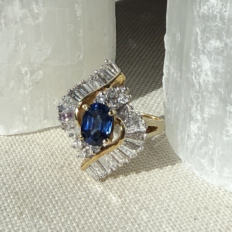 Oval Cut Blue Sapphire & Diamond Marquise Halo Ring