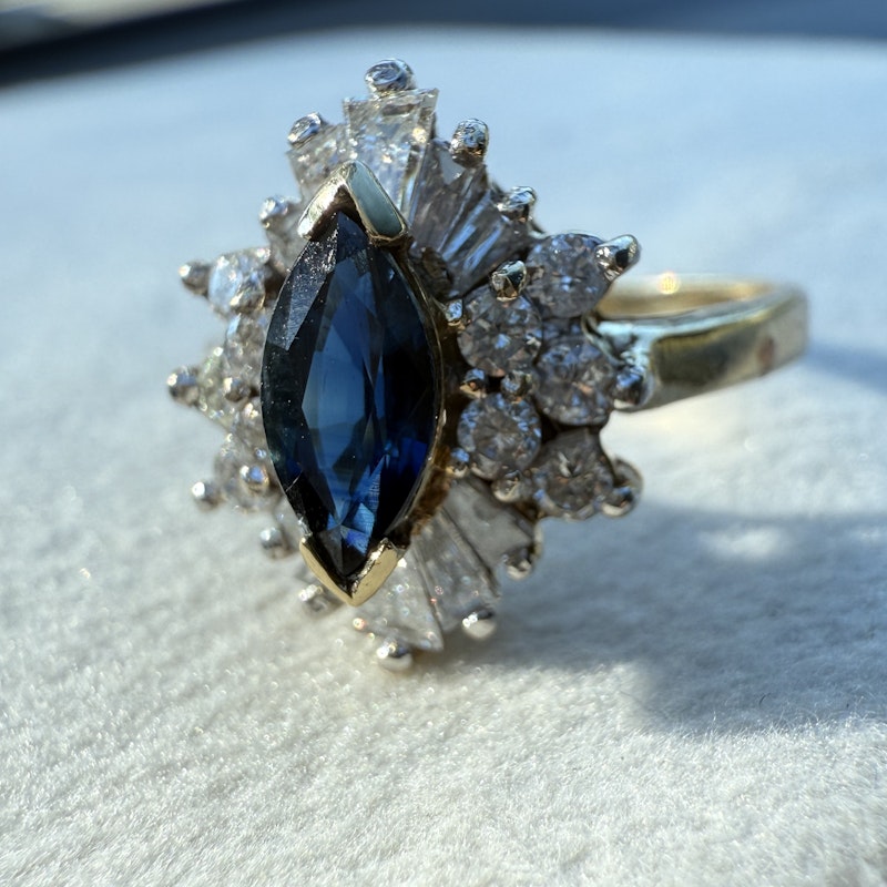 14k Yellow Gold Marquise Blue Sapphire & Diamond Halo Ring