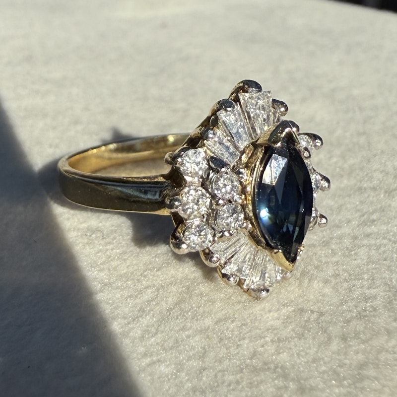 14k Yellow Gold Marquise Blue Sapphire & Diamond Halo Ring
