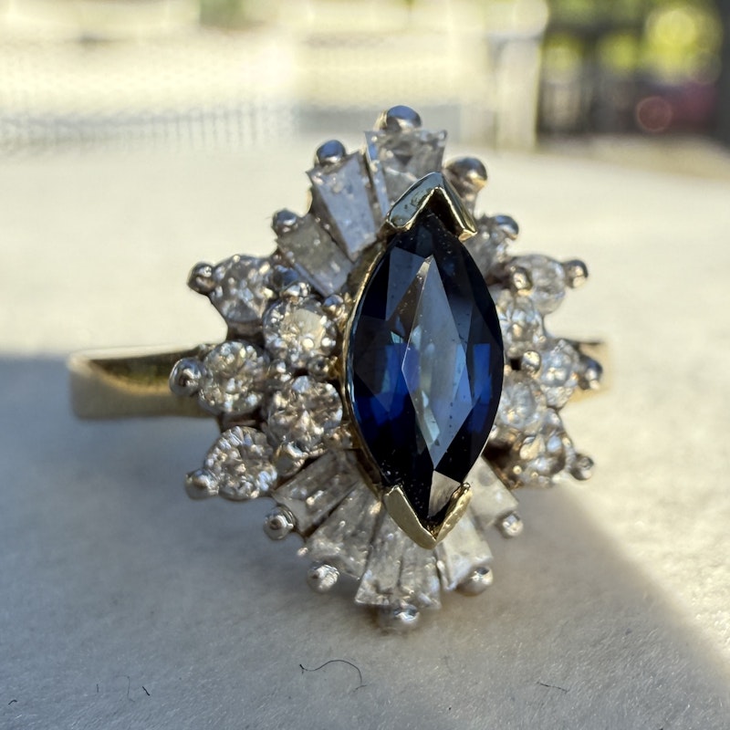 14k Yellow Gold Marquise Blue Sapphire & Diamond Halo Ring
