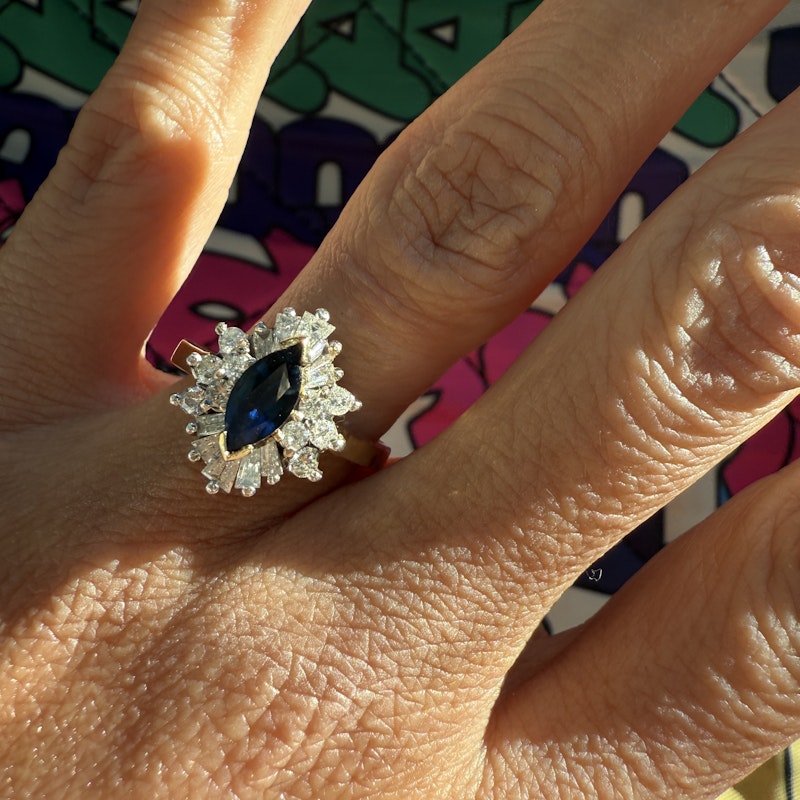 14k Yellow Gold Marquise Blue Sapphire & Diamond Halo Ring