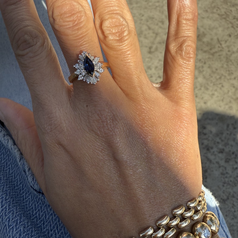 14k Yellow Gold Marquise Blue Sapphire & Diamond Halo Ring