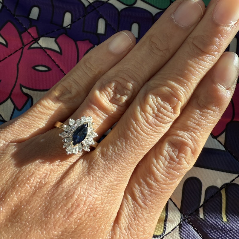 14k Yellow Gold Marquise Blue Sapphire & Diamond Halo Ring