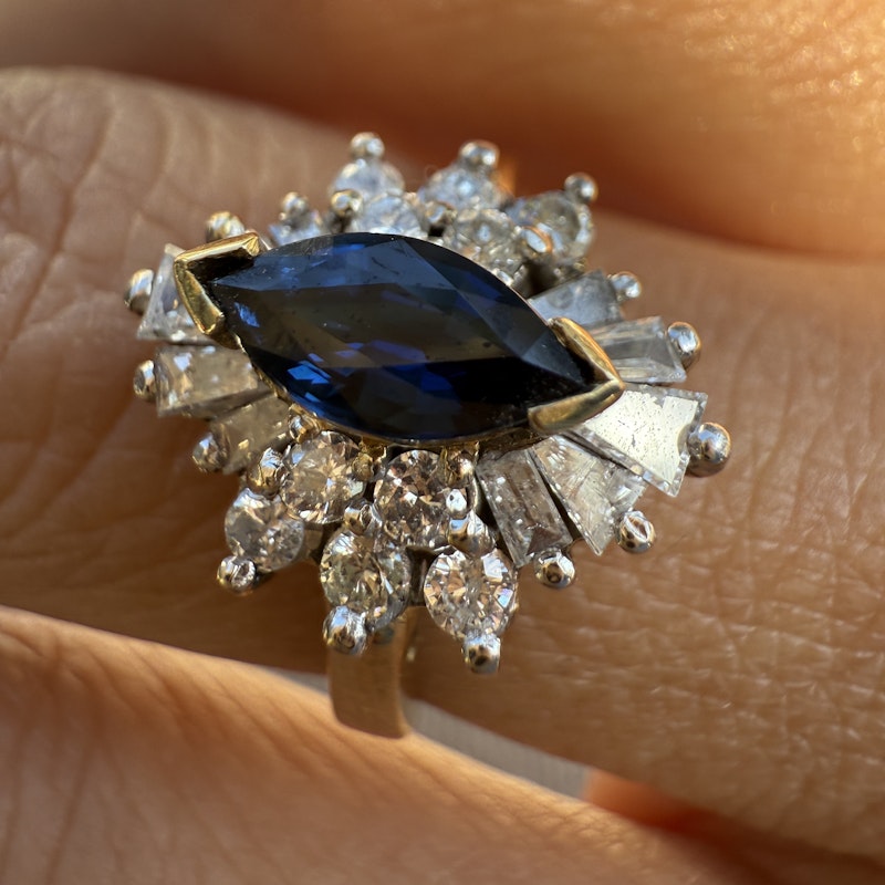 14k Yellow Gold Marquise Blue Sapphire & Diamond Halo Ring
