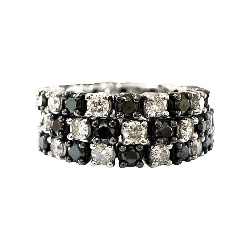 Three-Row 18k White Gold Black and White Diamond Checker Ring