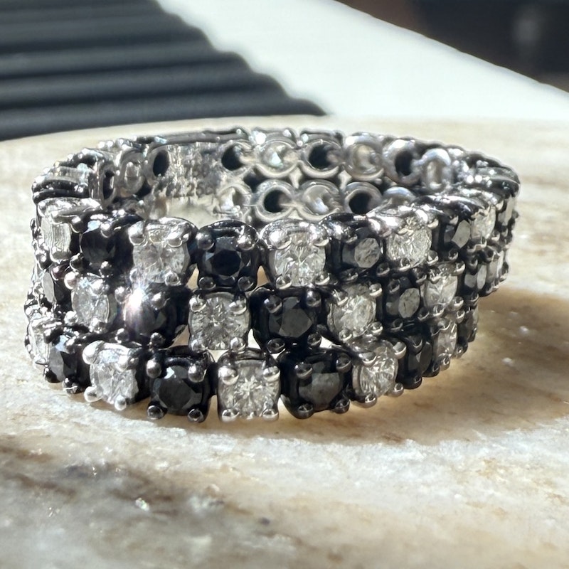 Three-Row 18k White Gold Black and White Diamond Checker Ring