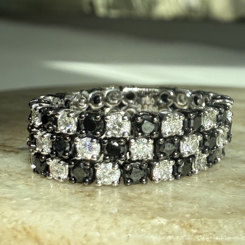 Three-Row 18k White Gold Black and White Diamond Checker Ring