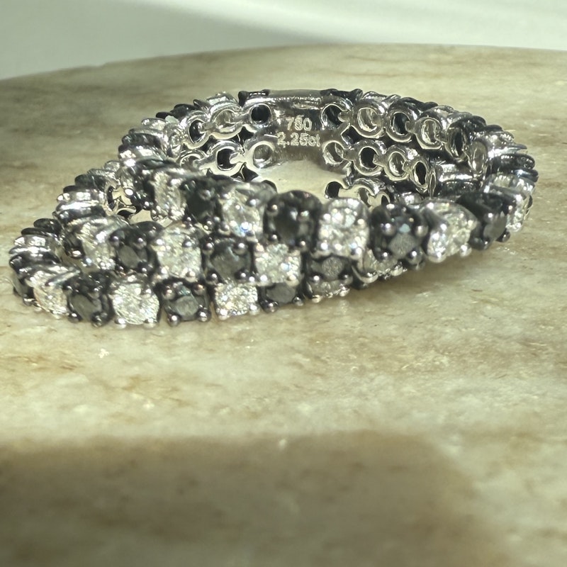 Three-Row 18k White Gold Black and White Diamond Checker Ring