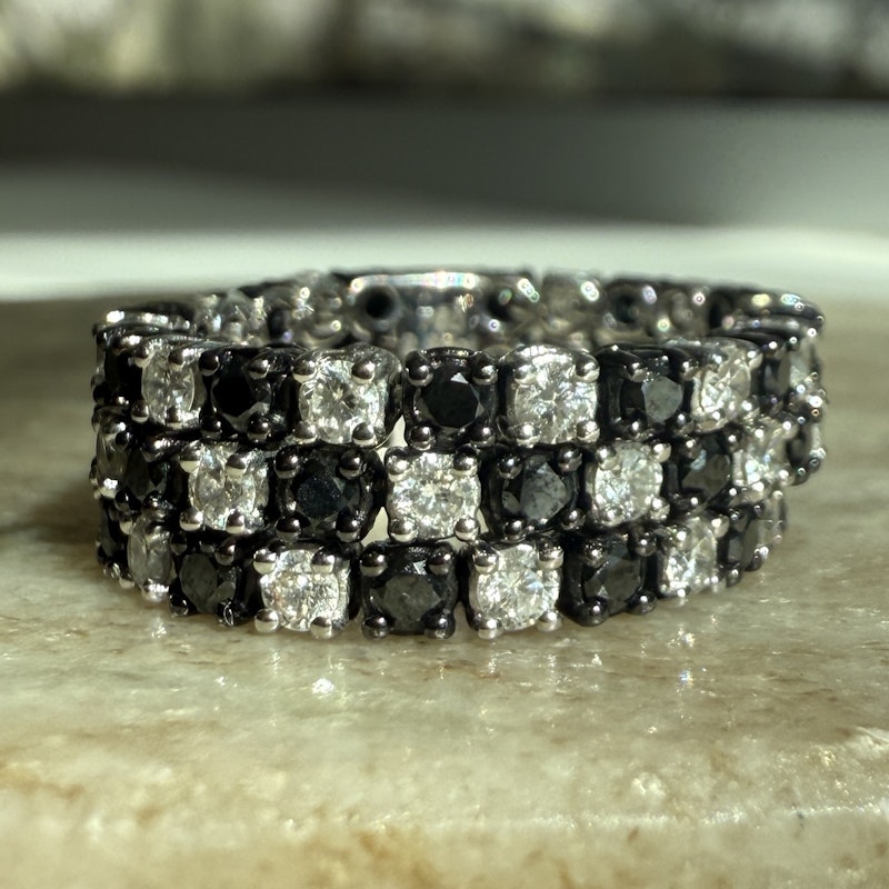 Three-Row 18k White Gold Black and White Diamond Checker Ring