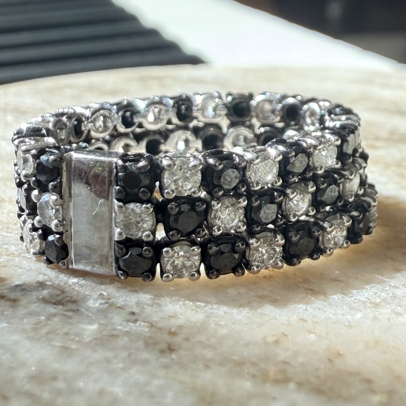 Three-Row 18k White Gold Black and White Diamond Checker Ring