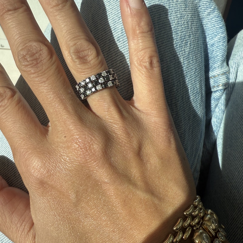 Three-Row 18k White Gold Black and White Diamond Checker Ring