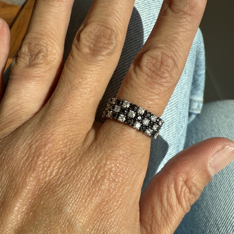 Three-Row 18k White Gold Black and White Diamond Checker Ring