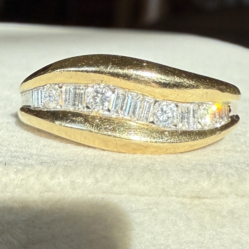 14k Yellow Gold Baguette & Round Diamond Swoop Ring