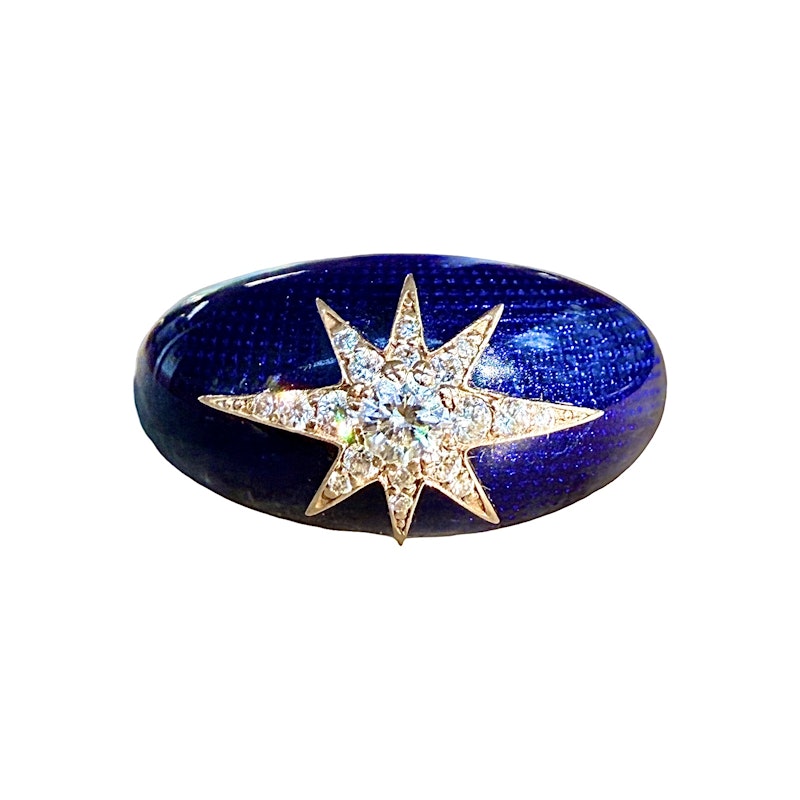 18k Rose Gold Celestial Starburst Navy Enamel Dome Ring