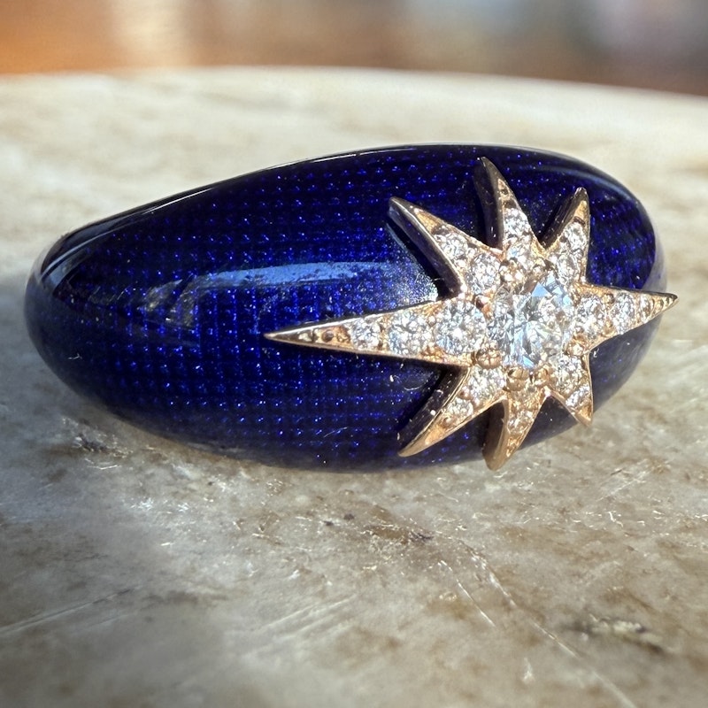 18k Rose Gold Celestial Starburst Navy Enamel Dome Ring