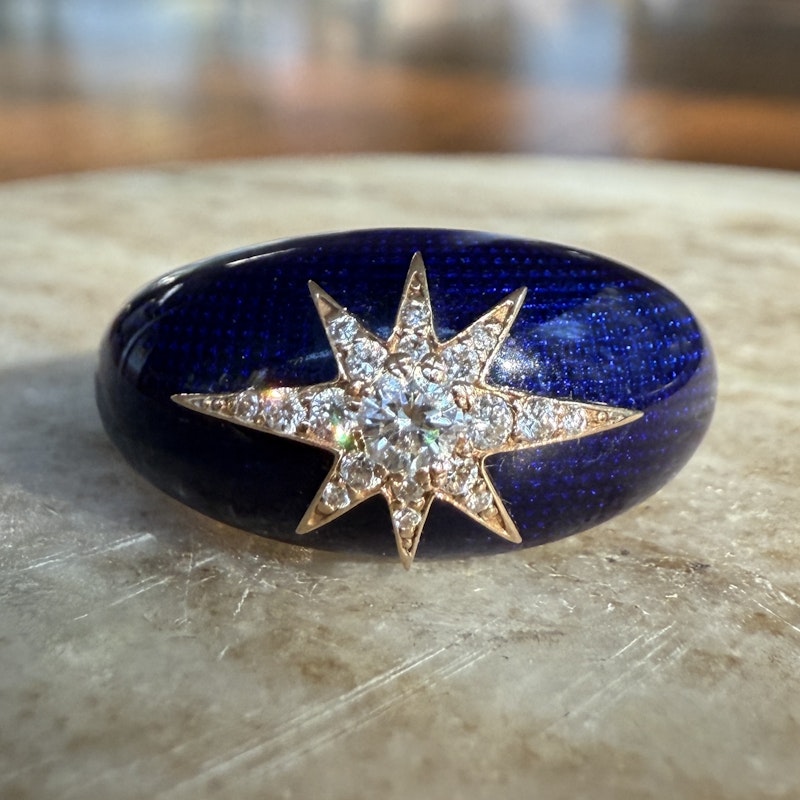 18k Rose Gold Celestial Starburst Navy Enamel Dome Ring