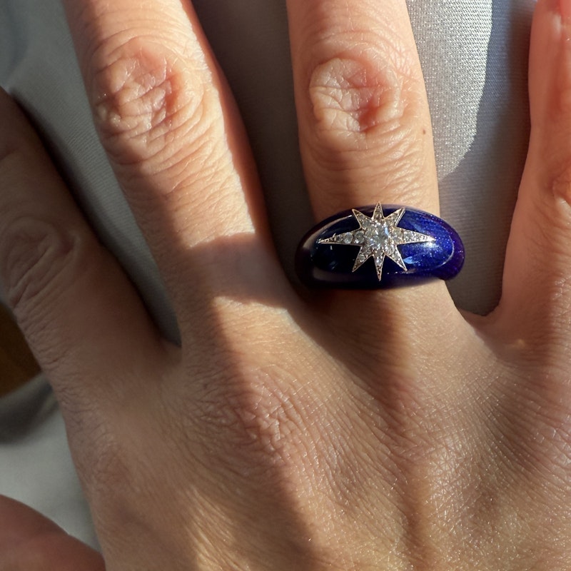 18k Rose Gold Celestial Starburst Navy Enamel Dome Ring
