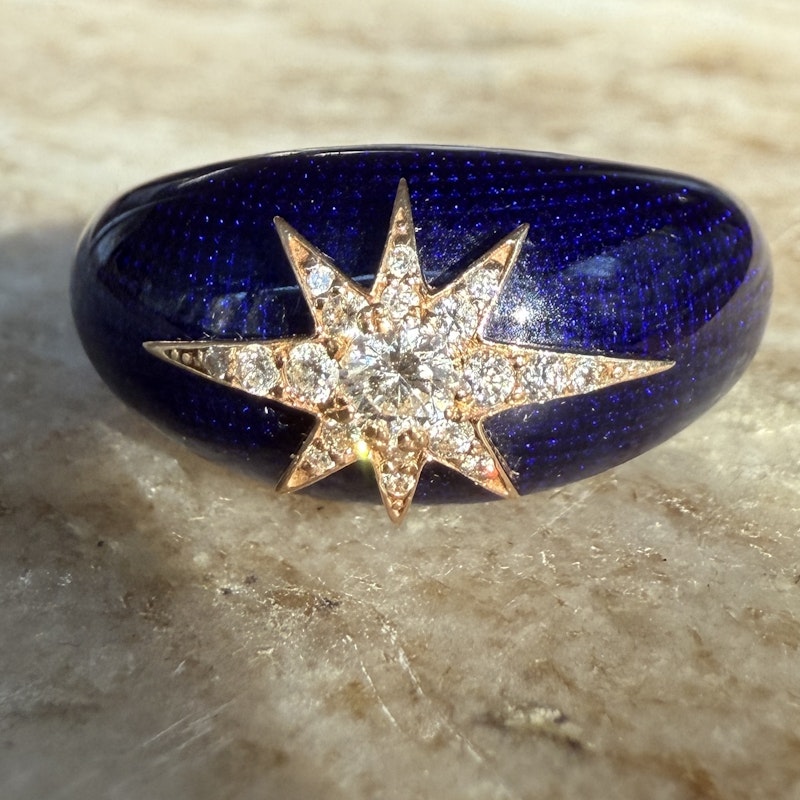 18k Rose Gold Celestial Starburst Navy Enamel Dome Ring