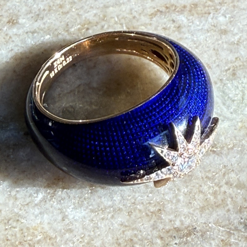 18k Rose Gold Celestial Starburst Navy Enamel Dome Ring