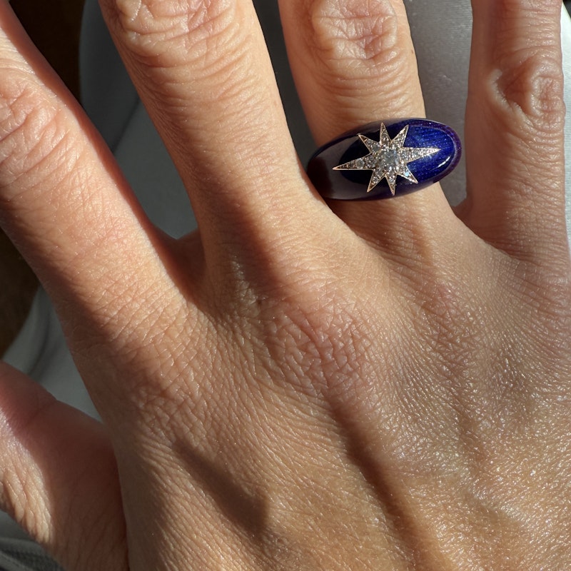 18k Rose Gold Celestial Starburst Navy Enamel Dome Ring