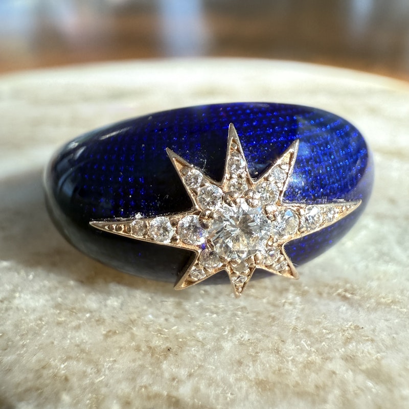 18k Rose Gold Celestial Starburst Navy Enamel Dome Ring