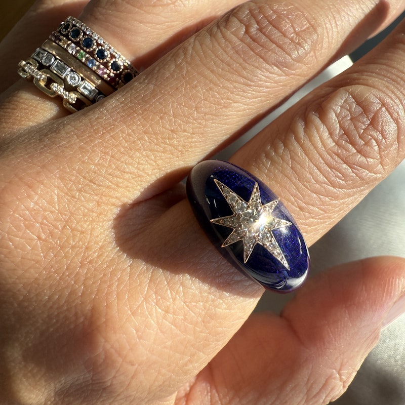18k Rose Gold Celestial Starburst Navy Enamel Dome Ring