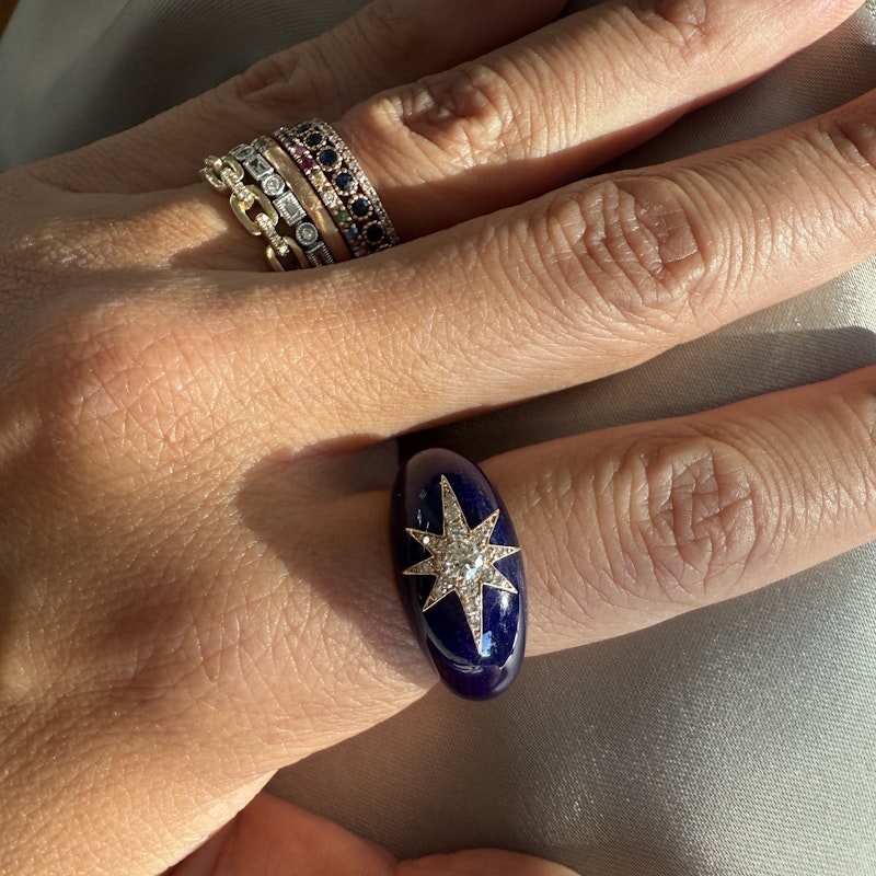 18k Rose Gold Celestial Starburst Navy Enamel Dome Ring