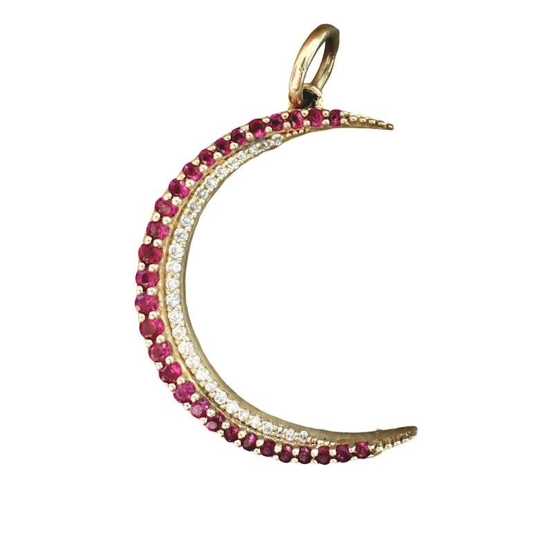 14k Yellow Gold Ruby and Diamond Crescent Moon Pendant