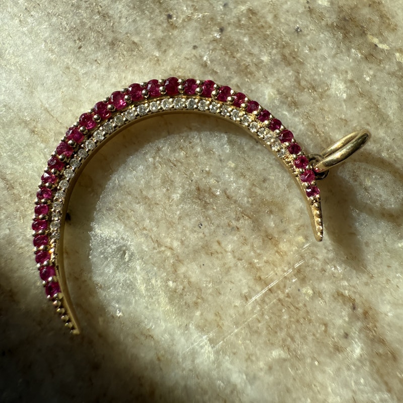 14k Yellow Gold Ruby and Diamond Crescent Moon Pendant