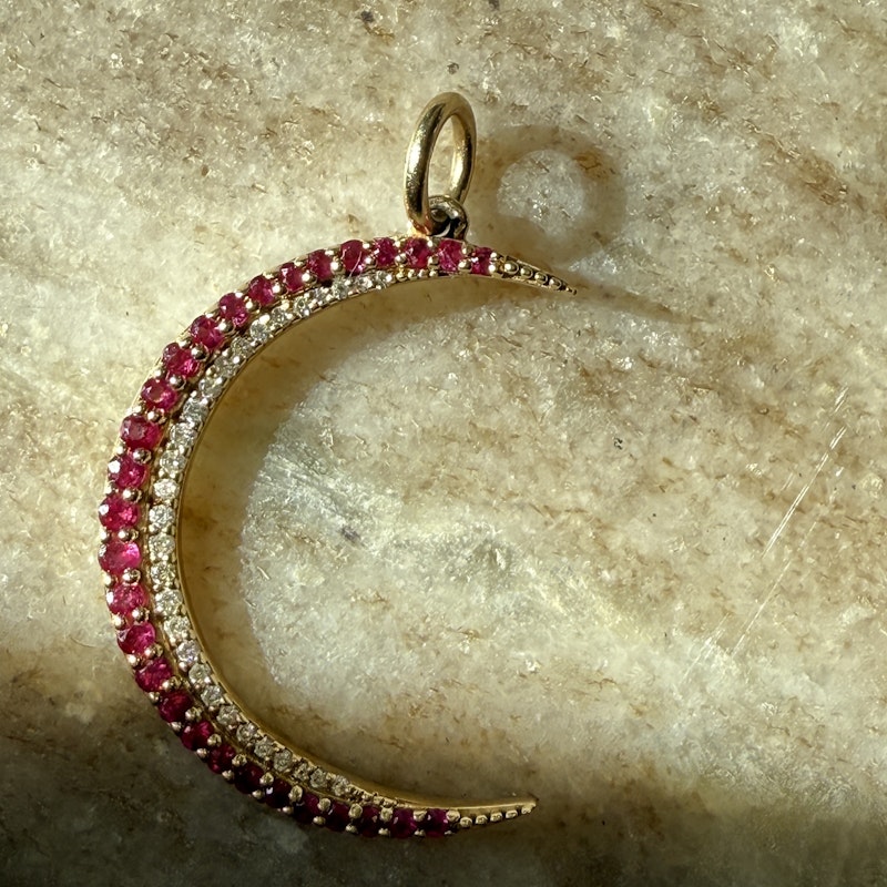 14k Yellow Gold Ruby and Diamond Crescent Moon Pendant