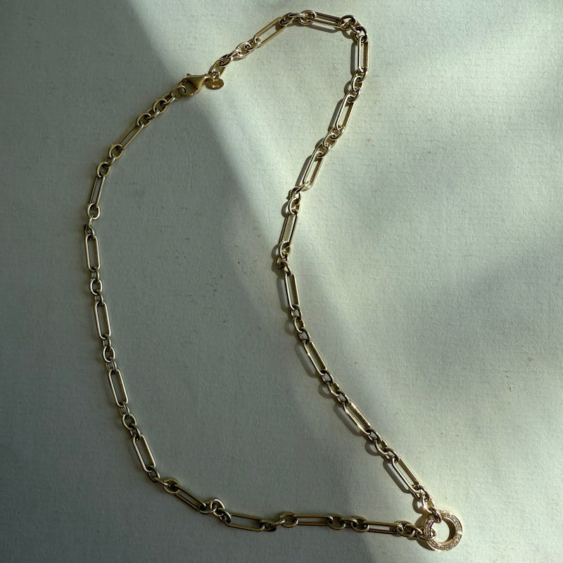 14k Yellow Gold Trombone Link Chain Necklace with Diamond Connector