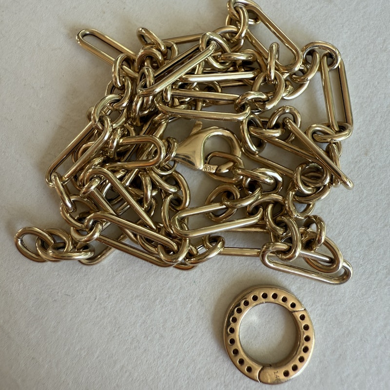 14k Yellow Gold Trombone Link Chain Necklace with Diamond Connector