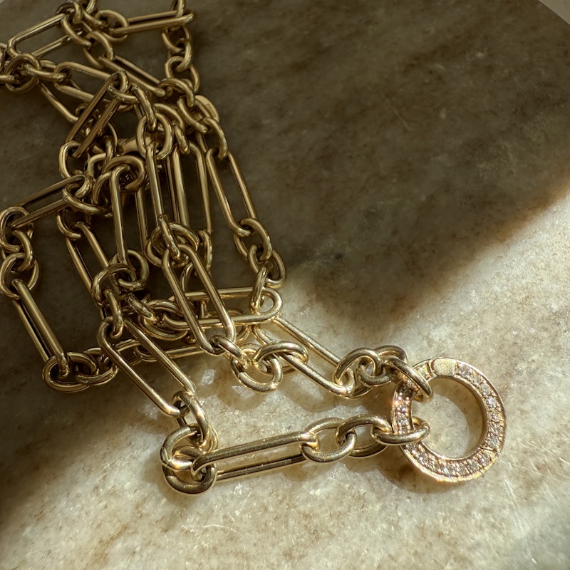 14k Yellow Gold Trombone Link Chain Necklace with Diamond Connector