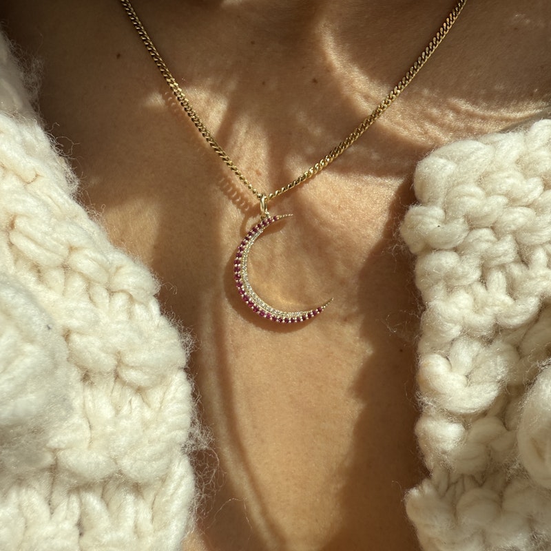 14k Yellow Gold Ruby and Diamond Crescent Moon Pendant