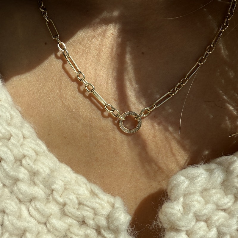 14k Yellow Gold Trombone Link Chain Necklace with Diamond Connector
