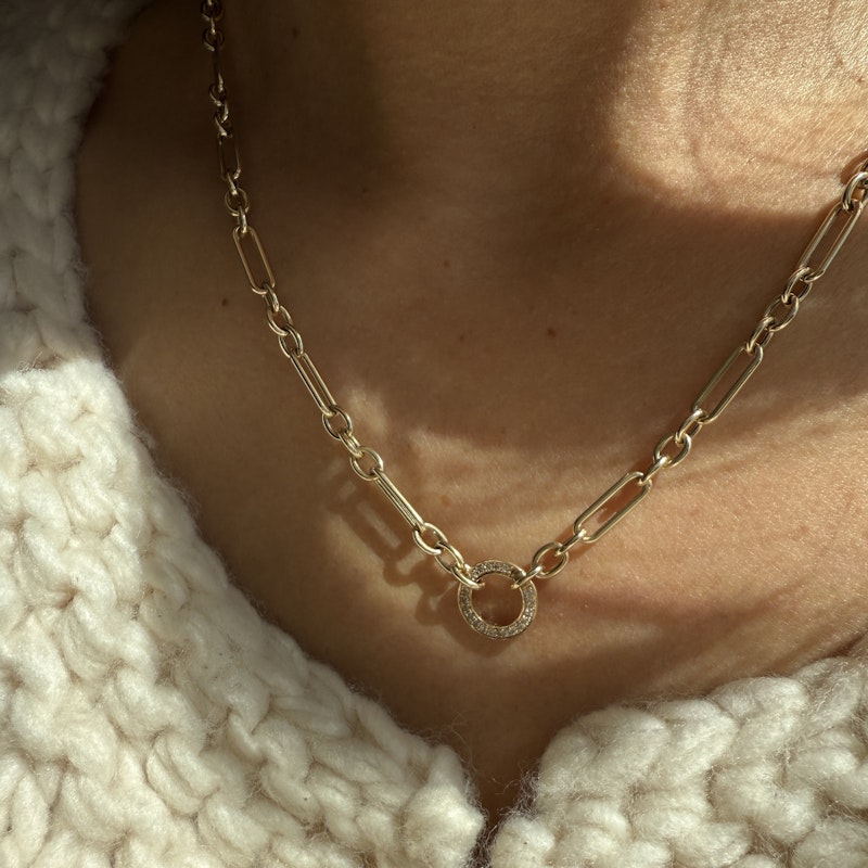 14k Yellow Gold Trombone Link Chain Necklace with Diamond Connector