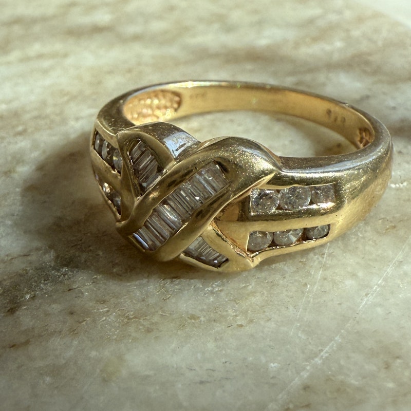 14k Yellow Gold Baguette and Round Diamond Crossover Ring