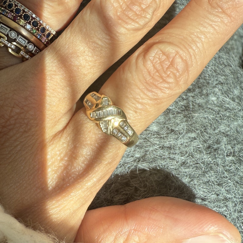 14k Yellow Gold Baguette and Round Diamond Crossover Ring