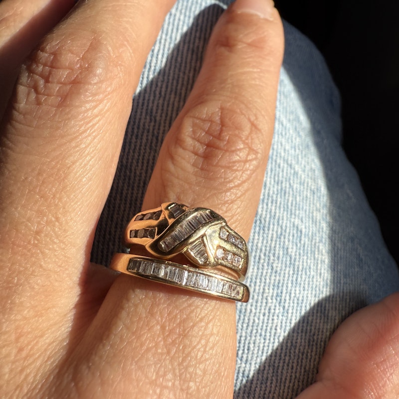 14k Yellow Gold Baguette and Round Diamond Crossover Ring