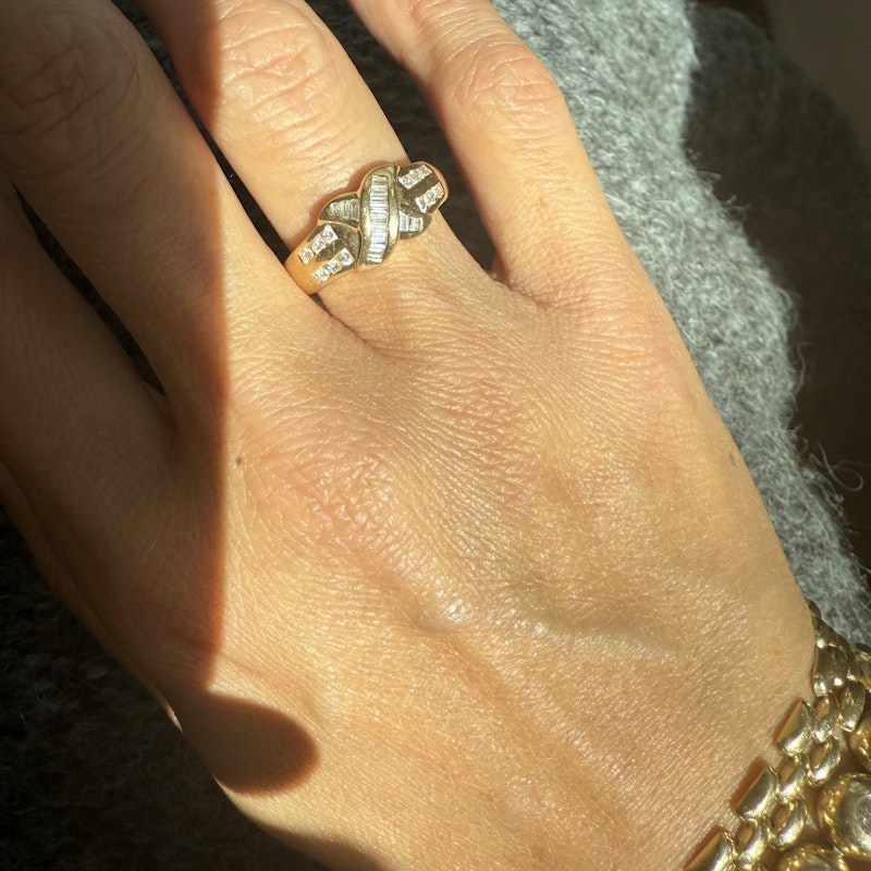 14k Yellow Gold Baguette and Round Diamond Crossover Ring