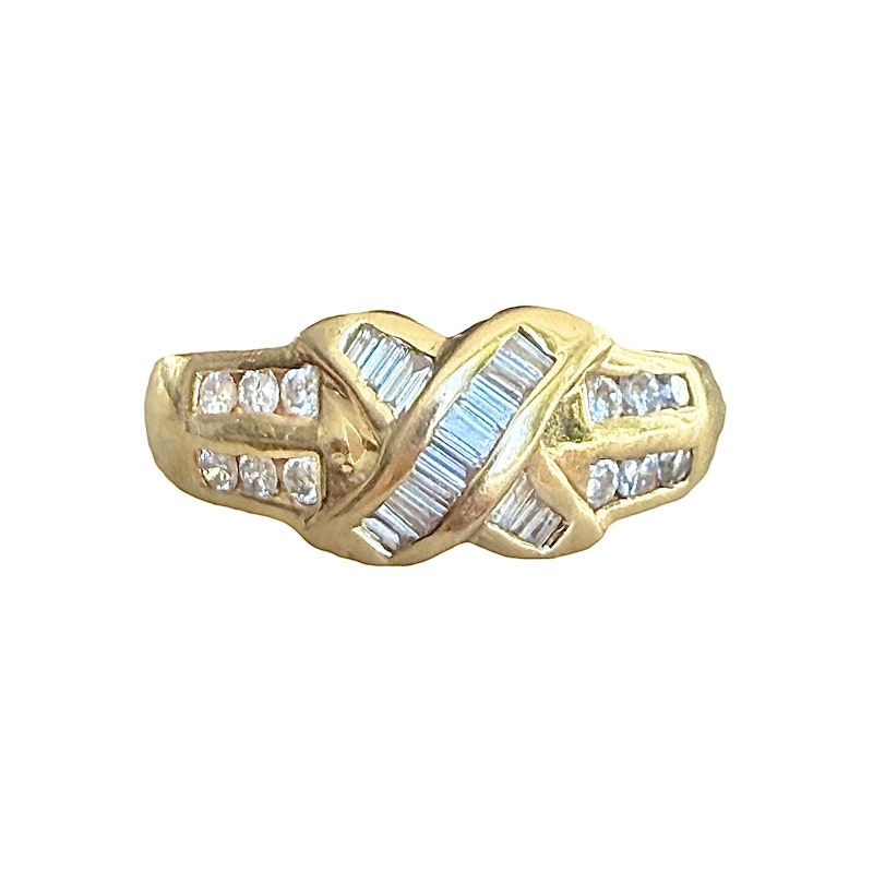 14k Yellow Gold Baguette and Round Diamond Crossover Ring