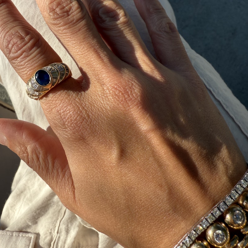 14k Yellow Gold Oval Blue Sapphire Diamond Ring