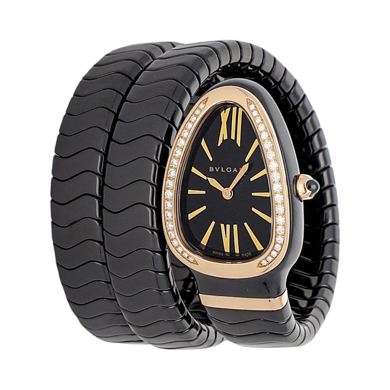 Bvlgari Serpenti Spiga Black Ceramic Rose Gold Diamond Watch 102885