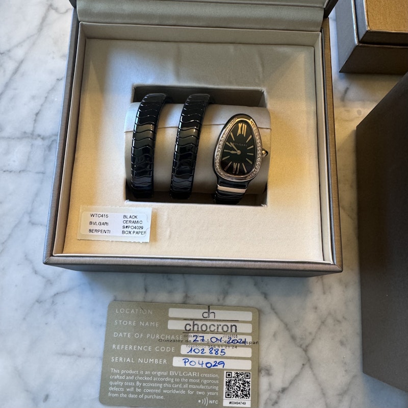 Bvlgari Serpenti Spiga Black Ceramic Rose Gold Diamond Watch 102885